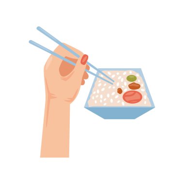 Kadın sol eli yemek çubuğu ve yemekle