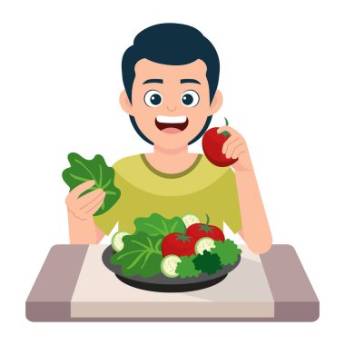 İnsan karakteri vejetaryen yemekleri yiyor.