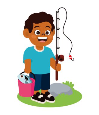 Çizgi filmci çocuk ve olta kamışı izole