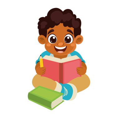 Küçük afro öğrenci kitap okuyor. Karakteri soyutlanmış.