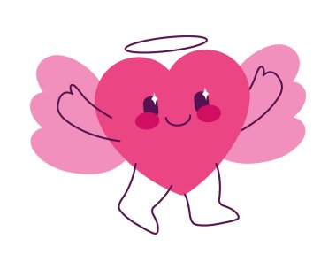 Kanatlı ve mutlu yüzlü uçan bir kalp karakteri Kawaii çizgi film tarzında.