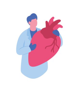 Kalp doktorunun elinde insan kalbi çizimi var.