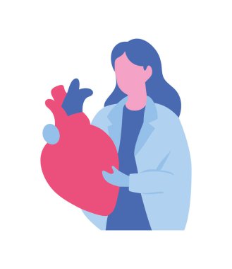 Kadın doktor elinde insan kalbi çizimi tutuyor.
