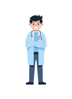Laboratuvar önlüğü ve steteskop giyen doktor erkek doktor hastane ortamında duruyor.