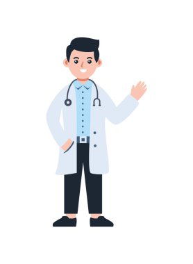 Laboratuvar önlüklü doktor erkek pratisyen doktor hastane ortamında el kol hareketi yapıyor.