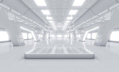 Gelecekçi boş sahne. Modern Gelecek Teknolojisi Bilim-Kurgu iç konsepti. 3d Hazırlama