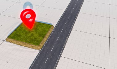 Satılık arazi ve lokasyon simgesi olan yol. Yeşil çimlerin üzerinde büyük kırmızı harita işaretleyici sembolü. Gayrimenkul veya gayrimenkul yatırım konsepti, 3D tasarım