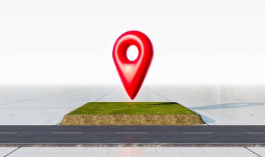 Satılık arazi ve lokasyon simgesi olan yol. Yeşil çimlerin üzerinde büyük kırmızı harita işaretleyici sembolü. Gayrimenkul veya gayrimenkul yatırım konsepti, 3D tasarım