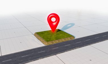Satılık arazi ve lokasyon simgesi olan yol. Yeşil çimlerin üzerinde büyük kırmızı harita işaretleyici sembolü. Gayrimenkul veya gayrimenkul yatırım konsepti, 3D tasarım