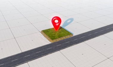 Satılık arazi ve lokasyon simgesi olan yol. Yeşil çimlerin üzerinde büyük kırmızı harita işaretleyici sembolü. Gayrimenkul veya gayrimenkul yatırım konsepti, 3D tasarım