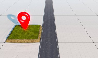 Satılık arazi ve lokasyon simgesi olan yol. Yeşil çimlerin üzerinde büyük kırmızı harita işaretleyici sembolü. Gayrimenkul veya gayrimenkul yatırım konsepti, 3D tasarım