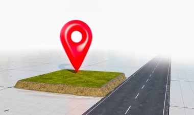 Satılık arazi ve lokasyon simgesi olan yol. Yeşil çimlerin üzerinde büyük kırmızı harita işaretleyici sembolü. Gayrimenkul veya gayrimenkul yatırım konsepti, 3D tasarım