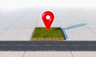 Satılık arazi ve lokasyon simgesi olan yol. Yeşil çimlerin üzerinde büyük kırmızı harita işaretleyici sembolü. Gayrimenkul veya gayrimenkul yatırım konsepti, 3D tasarım