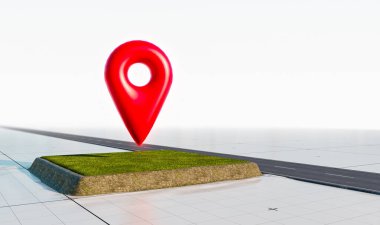 Satılık arazi ve lokasyon simgesi olan yol. Yeşil çimlerin üzerinde büyük kırmızı harita işaretleyici sembolü. Gayrimenkul veya gayrimenkul yatırım konsepti, 3D tasarım