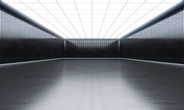 Tepesinde ışıklar olan boş, modern bir alan. Gösteri salonu ve siyah duvar. 3B görüntüleme