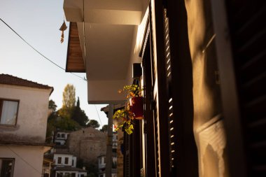 Selçuk şehrinin arka planında güneş ışığıyla panjurların üzerine sardunyalar yerleştirilmiş.