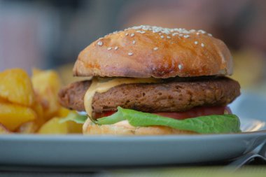 Vejetaryen yemeği. Ev yapımı vejetaryen eti. Tabakta yeşil salatalı tam hamburger ve dilimlenmiş patates ile servis edilen domates..
