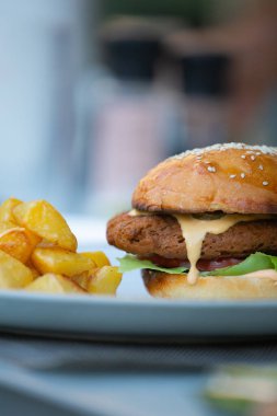 Vejetaryen yemeği. Ev yapımı vejetaryen eti. Tabakta yeşil salatalı tam hamburger ve dilimlenmiş patates ile servis edilen domates..