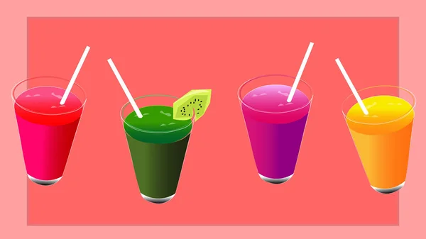 Sabroso Fresco Cuatro Bebidas Diferentes Frutas Verduras Comida Bebidas Saludables — Vector de stock