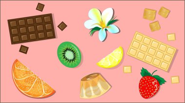 Herhangi bir tasarım ve şekil için puding, çikolata, meyve ve meyveli arkaplan.