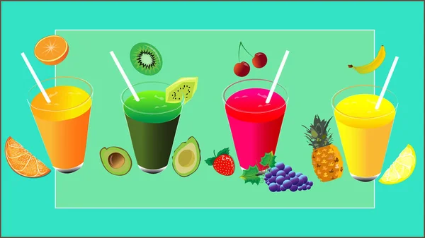 Friss Gyümölcsitalok Gyümölcs Zöldségfrissítők Turmixok Ízletes Édesség Egészségének — Stock Vector