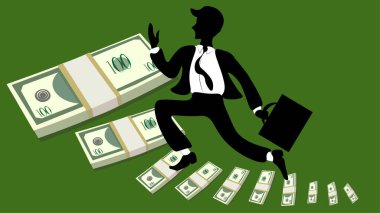 Bir adam, dolardan gelir ve kâra, zenginliğe ve bolluğa doğru adımlar atar. iş kavramı