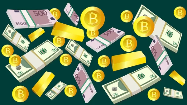 Jede Menge Dollarstapel Eurostapel Bitcoin Münzen Unterschiedliche Währungen Großen Mengen — Stockvektor