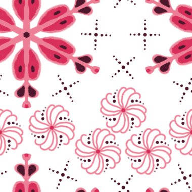 Beyaz arka planda pembe ve bordo renklerle kusursuz geometrik desen.