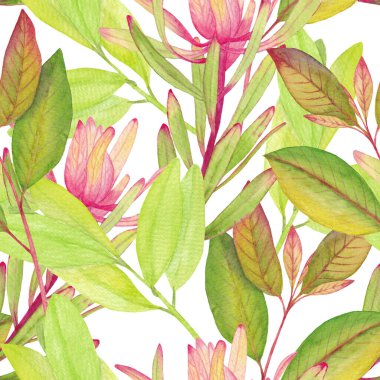 Beyaz arka planda yeşil ve pembe yapraklı dalların parlak suluboya çizimleri, pürüzsüz desen.