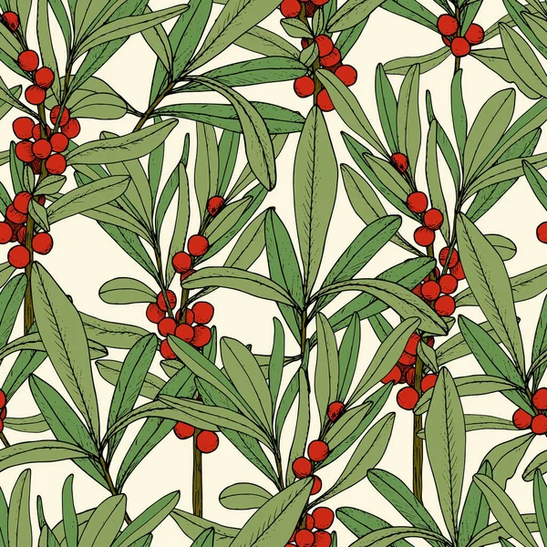 Привекторный Рисунок Зеленого Цвета Красными Ягодами Светло Коричневом Фоне — стоковый вектор