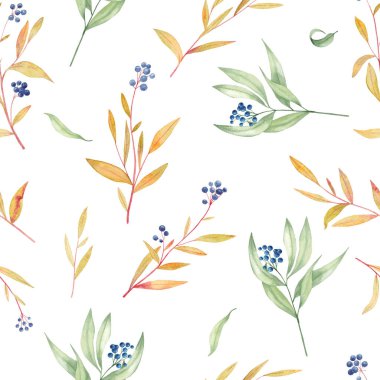 Beyaz arka planda sarı, yeşil yapraklı ve mavi dutlu dalların suluboya çizimi. Kusursuz desen.