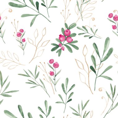 Beyaz arka planda altın filiz olan sığır çileği. Kusursuz suluboya deseni.