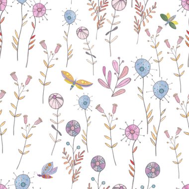 Böcekler ve çiçekler. Beyaz bir arka planda suluboya, tuhaf çiçeklerin ve böceklerin kusursuz deseni.