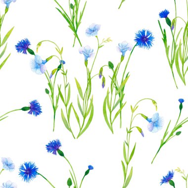 Yaz mavisi. Beyaz arkaplanda mavi keten çiçeklerin ve çiçeklerin dikişsiz deseni.