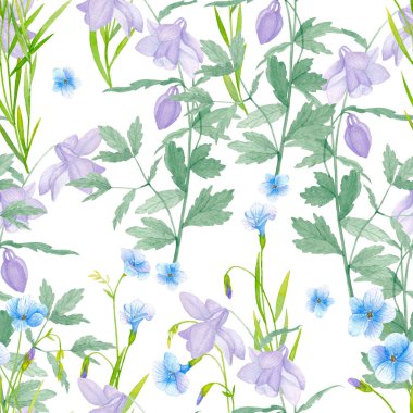 Yaz çiçekleri. Beyaz arka planda leylak ve mavi suluboya çiçeklerinin kusursuz deseni
