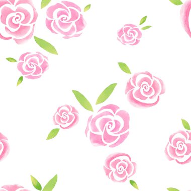 Suluboya pembe güller. Beyaz arka planda yeşil yapraklı gül çiçeklerinin şekillendirilmiş çizimi, pürüzsüz desen.