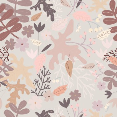 Yumuşak pastel renkli yapraklar ve meyvelerin kusursuz vektör deseni.