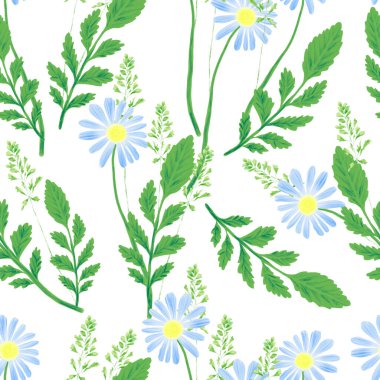 Papatya ve çim. Yeşil yapraklı ve beyaz arka planda çimen yapraklı, kusursuz mavi papatya deseni..