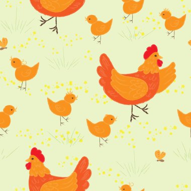 Tavuklar. Yeşil arka planda tavuk ve civcivlerin kusursuz vektör deseni.