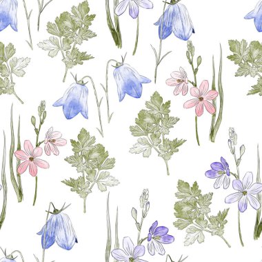 Yaz çiçekleri. Pembe, mor, mavi ve yeşil yapraklı kusursuz çiçek desenleri beyaz arka planda..