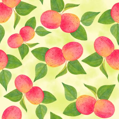 Sarı ve pembe kayısı meyveleri ve yumuşak yeşil arka planda yapraklar. Suluboya kusursuz desen.