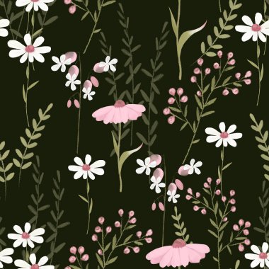 Çiçek çayırı. Koyu arkaplanda beyaz ve pembe çiçekler, kusursuz dijital desen.