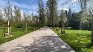 Güneşli bir bahar gününde parkta bir patika boyunca yürümenin zamanı..