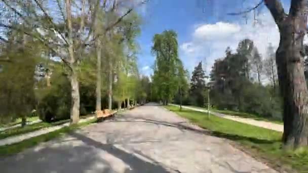晴れた春の日の公園内の道に沿った散歩の時間経過 — ストック動画