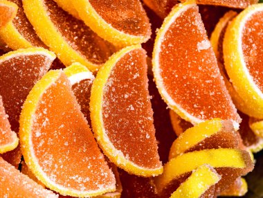 Citrus Dilimlenmiş Jöle Şekerleri Şeker Kaplamalı Tatlı Tatlı Tatlı Tatlı Tatlılar Makro Fotoğrafçılık Çocuklar ve Yetişkinler için Lezzetli Atıştırmalık Yiyecekler Canlı Şekerlemeler Tatil Arkaplanı 