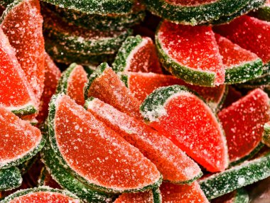 Watermelon Slice Shaped Jelly Candies Sugar Coated Sweet Dessert Macro Photography Delicious Treat for Kids and Adults Party Snack Food Vibrant Confectionery