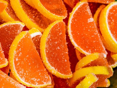 Citrus Dilimlenmiş Jöle Şekerleri Şeker Kaplamalı Tatlı Tatlı Tatlı Tatlı Tatlılar Makro Fotoğrafçılık Çocuklar ve Yetişkinler için Lezzetli Atıştırmalık Yiyecekler Canlı Şekerlemeler Tatil Arkaplanı 