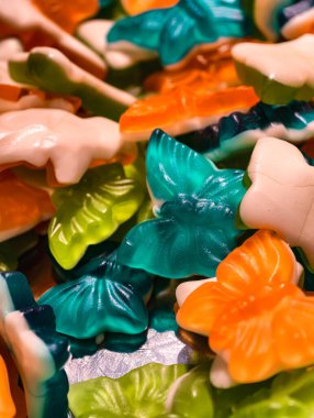 Butterfly Shaped Gummy Candies Colorful Sweet Jelly Macro Photography Tasty Dessert Treat for Kids and Adults Party Snack Food Vibrant Confectionery Fun Theme Holiday Celebration Playful Stock Footage