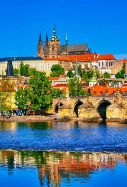 Prag Kalesi ve Charles Köprüsü Vltava Nehri 'ne yansıdı. Aynaya Benzeyen Su Bakışlı İkonik Tarihi Mimari, Seyahat ve Turizm Konseptleri İçin İdeal. Dikey Stok Fotoğrafçılığı.