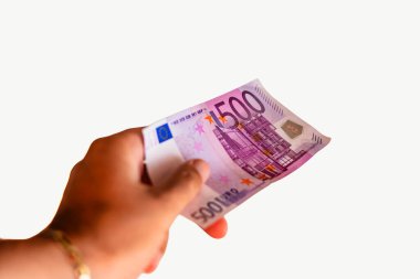 Yüksek Değerli Para ve Finansal İşlem 'in 500 Euro' luk Banknotunu Elle Tutma. Bu fotoğraf Avrupa finansmanını ve yüksek meblağlı nakit ödemelerini gösteriyor. Stok fotoğrafçılığı 